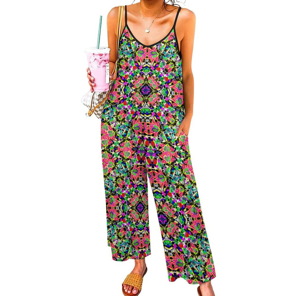 Artsadd white / S Red Green Floral Geometric Print Spaghetti Strap Jumpsuit