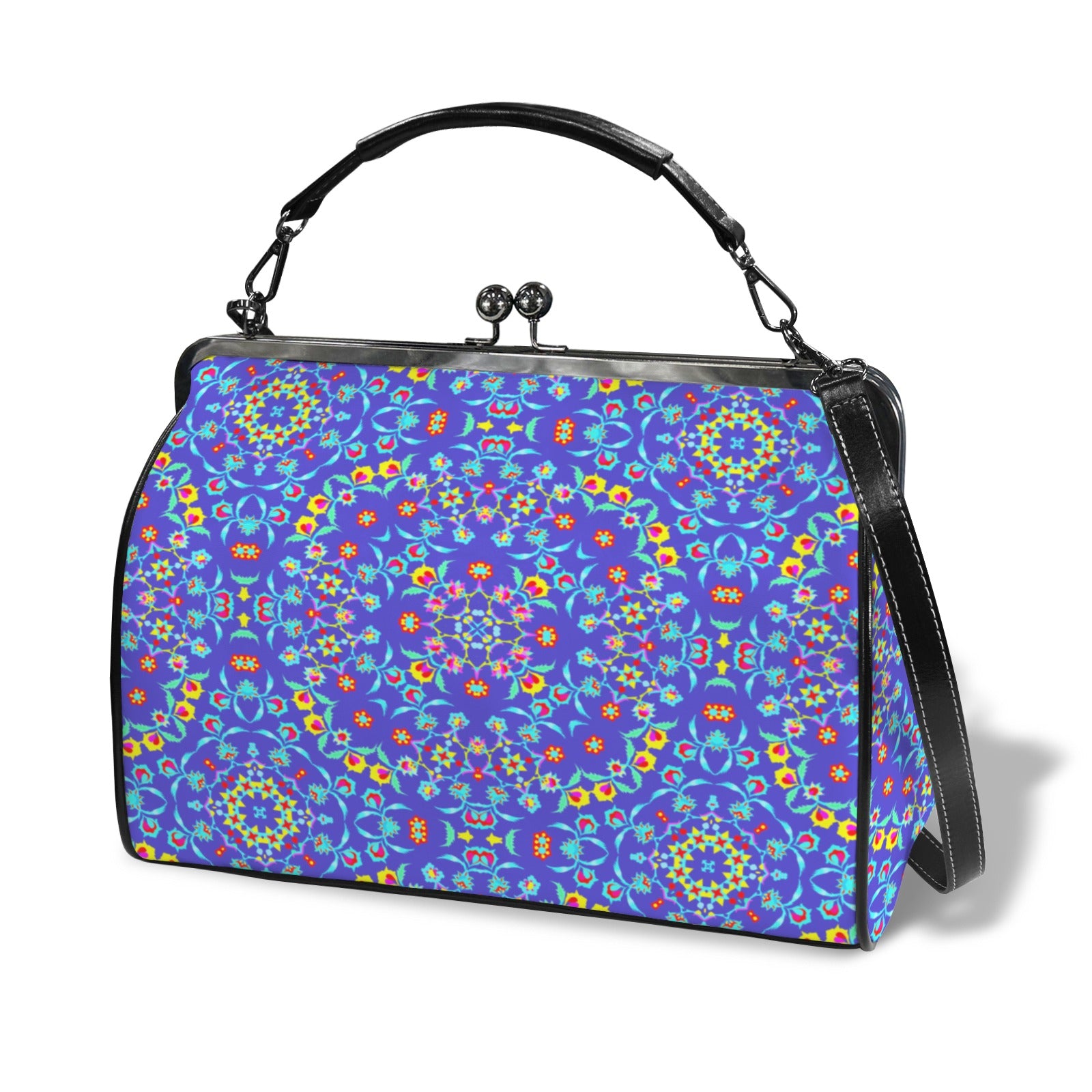 Cobalt Blue Floral pattern kiss lock handbag with top handle and shoulder strap