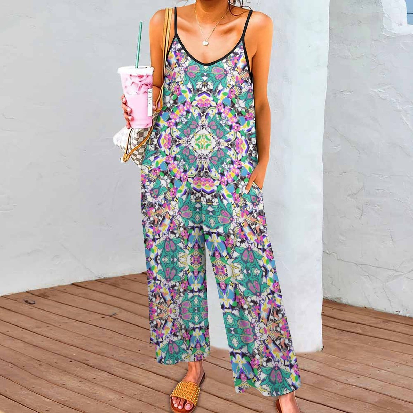 Artsadd Boho Geometric  Pink Green Jumpsuit - Spaghetti Strap Wide-Leg Overalls