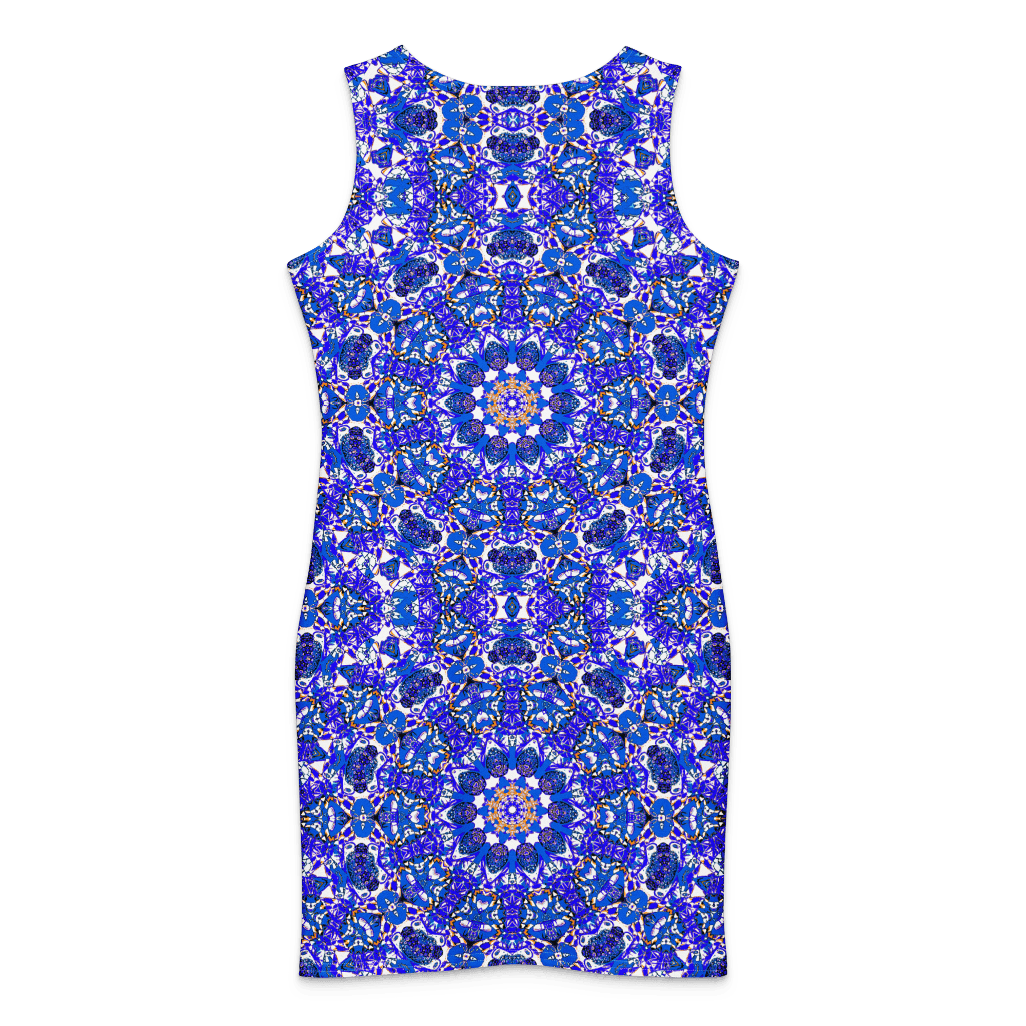 Back view of Sleeveless bodycon dress with a vibrant blue and white kaleidoscope pattern. The dress has a round neckline and a fitted silhouette. The intricate design includes floral and geometric elements, creating a visually striking garment. The Cotton bodycon dress set against a white background.