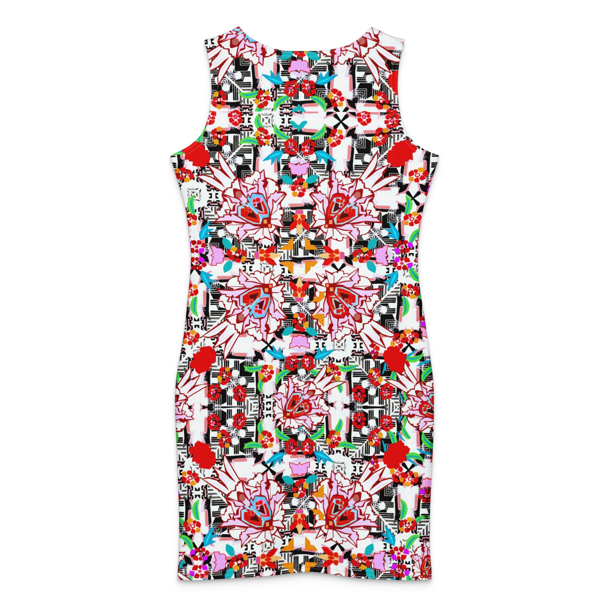 A back-facing product shot of the "Floral Maze" sleeveless bodycon dress. The dress features a deep scoop neck and a vibrant, symmetrical all-over print with red and pink floral motifs and black geometric patterns. It is set against a white backgroun