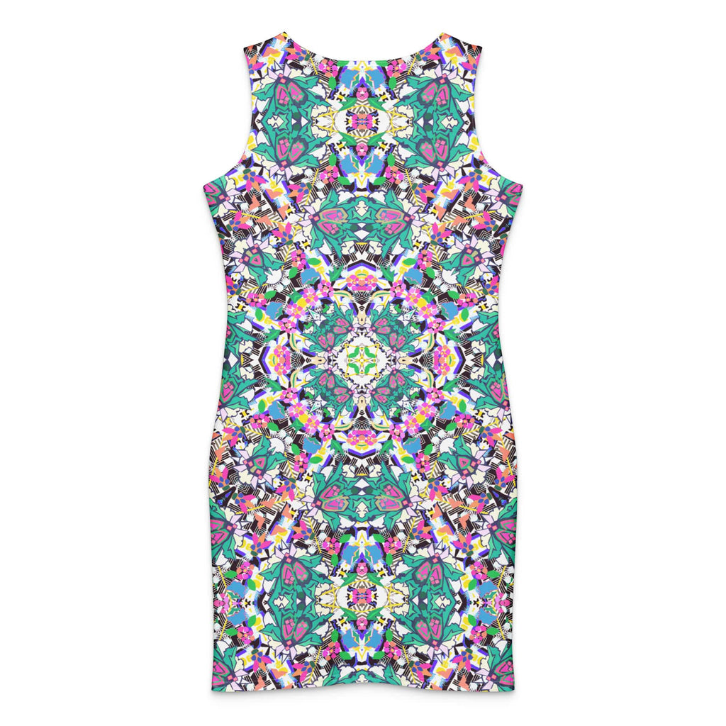 The back view of a sleeveless, form-fitting bodycon dress featuring a vibrant, symmetrical kaleidoscope and mandala pattern. The intricate design includes geometric and floral shapes in bright teal, pink, purple, yellow, and black on a white background.