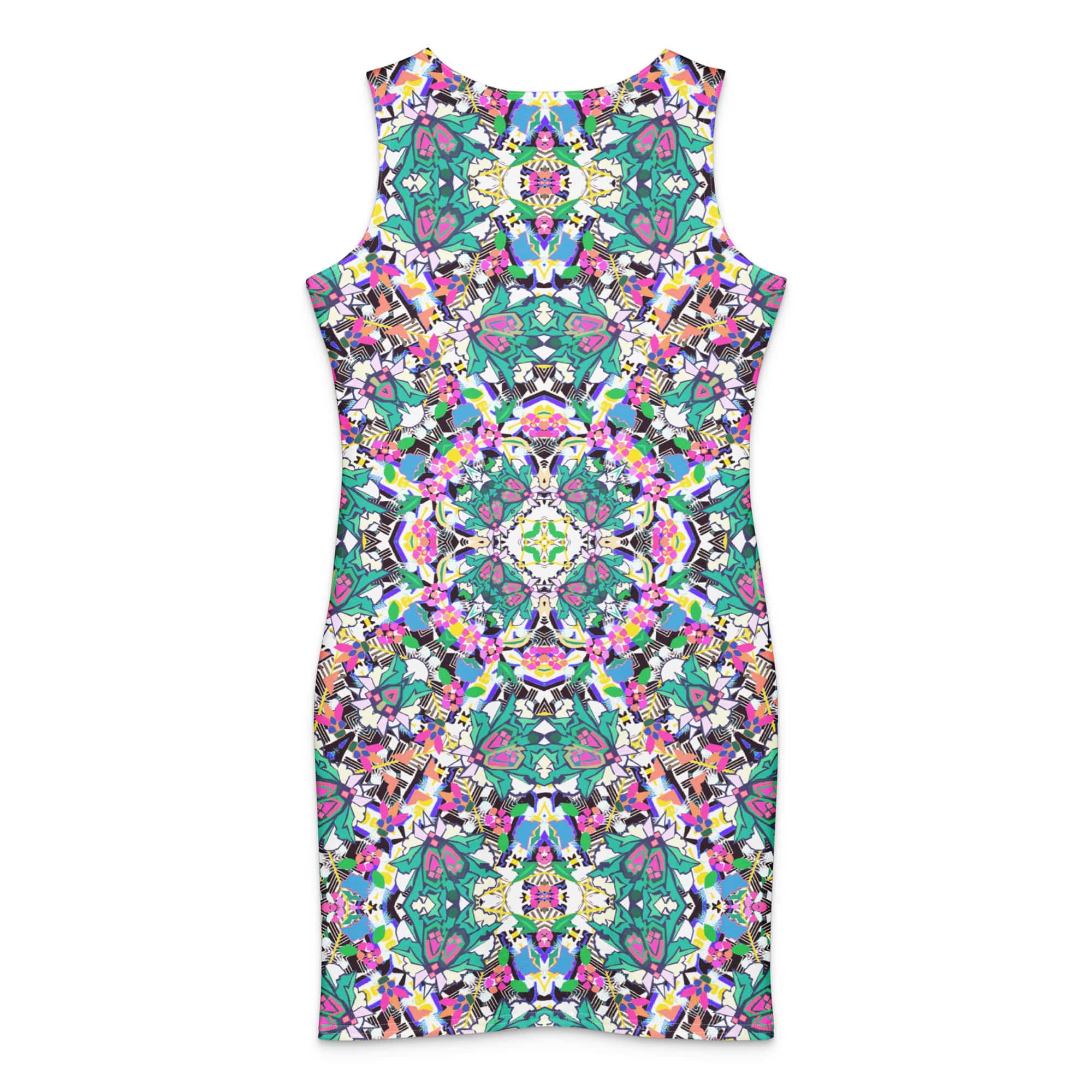 The back view of a sleeveless, form-fitting bodycon dress featuring a vibrant, symmetrical kaleidoscope and mandala pattern. The intricate design includes geometric and floral shapes in bright teal, pink, purple, yellow, and black on a white background.
