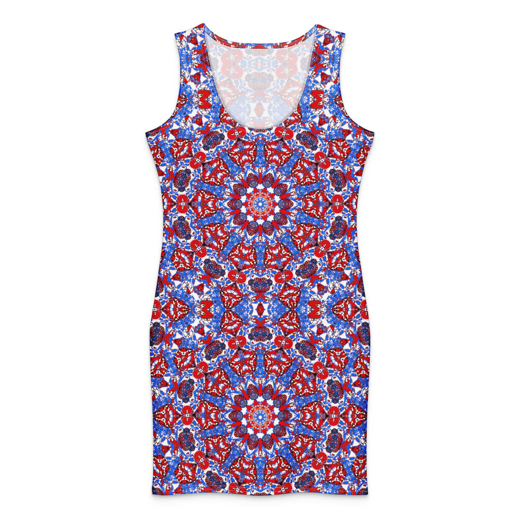 Vibrant Apparel New Zealand DIRECT-TO-FABRIC XS ✨ Red Blue Star Mandala Bodycon Dress ✨
