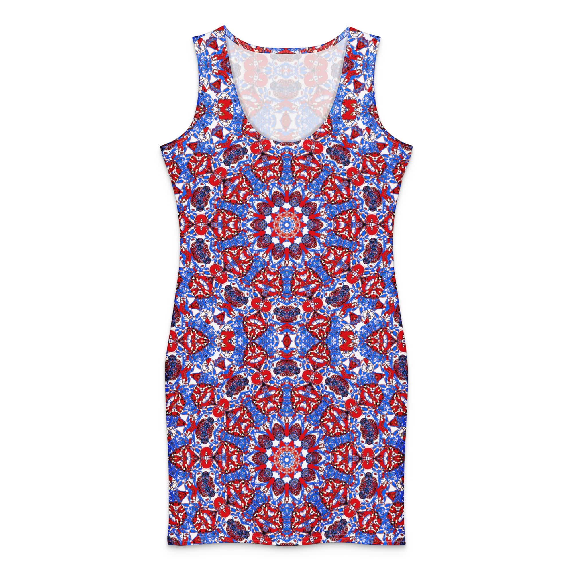 Vibrant Apparel New Zealand DIRECT-TO-FABRIC XS ✨ Red Blue Star Mandala Bodycon Dress ✨