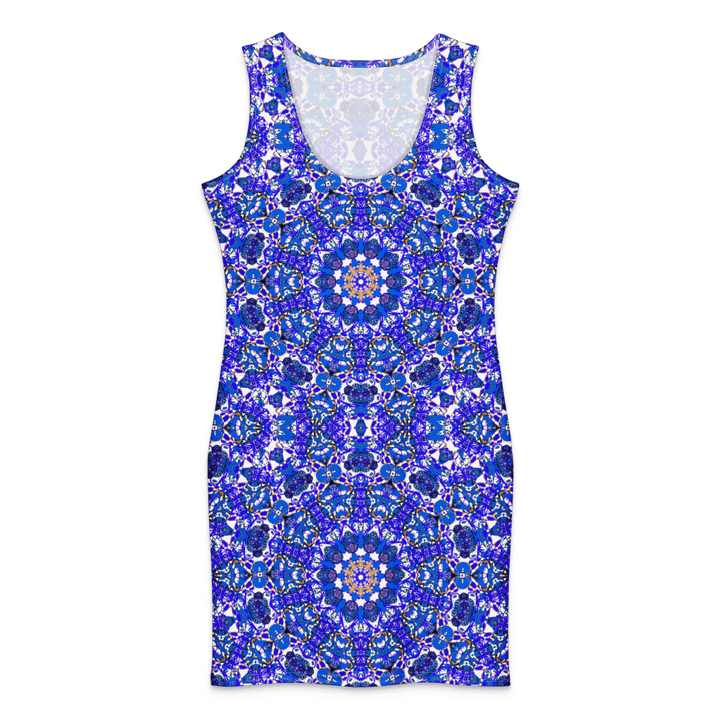 Front view of A sleeveless bodycon dress with a striking blue and white mandala design. The dress has a scoop neckline and a fitted shape. The pattern incorporates various shades of blue, with gold and white details, creating a visually appealing design. The dress is a knee-length.The Cotton bodycon dress set against a white background.