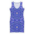 Front view of A sleeveless bodycon dress with a striking blue and white mandala design. The dress has a scoop neckline and a fitted shape. The pattern incorporates various shades of blue, with gold and white details, creating a visually appealing design. The dress is a knee-length.The Cotton bodycon dress set against a white background.