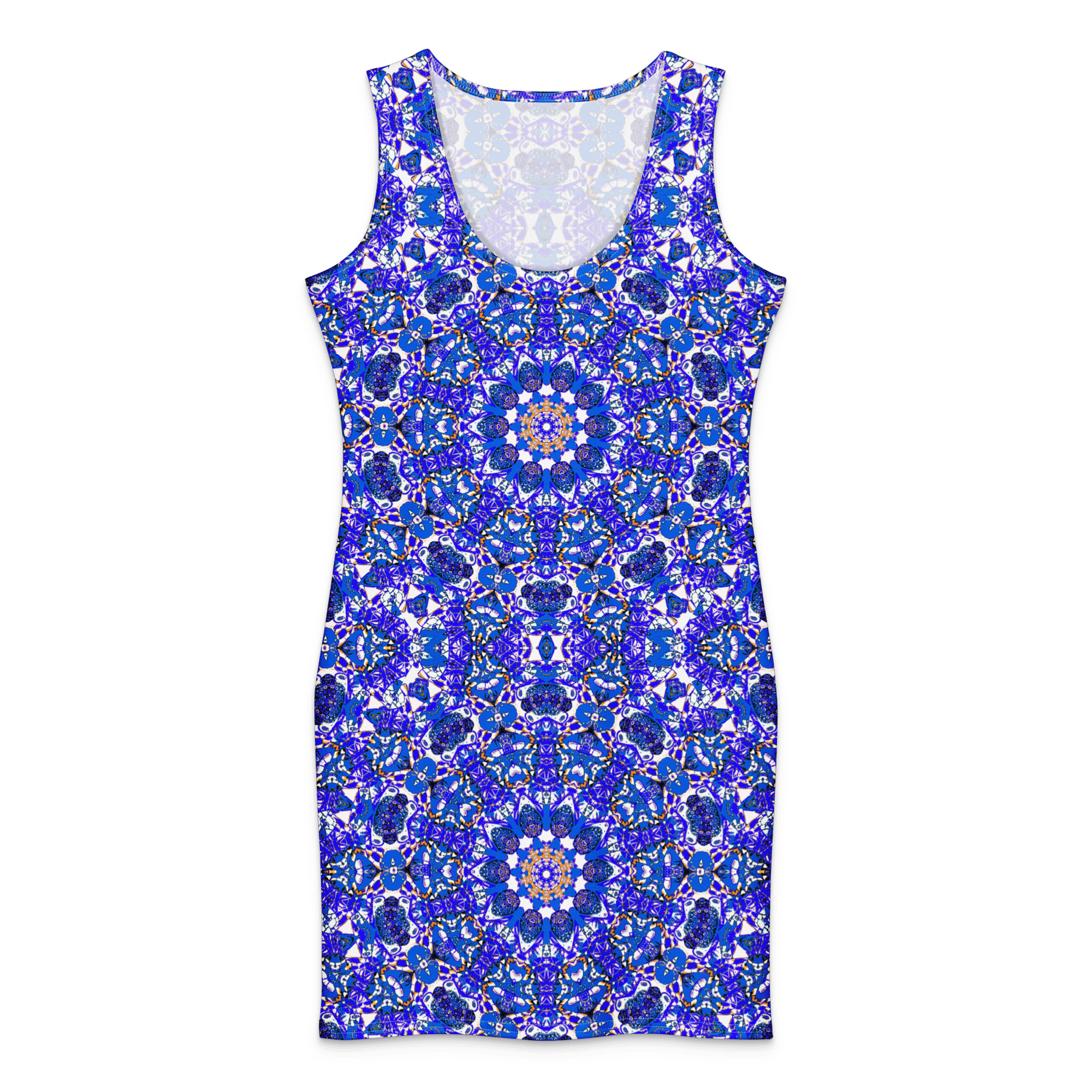 Front view of A sleeveless bodycon dress with a striking blue and white mandala design. The dress has a scoop neckline and a fitted shape. The pattern incorporates various shades of blue, with gold and white details, creating a visually appealing design. The dress is a knee-length.The Cotton bodycon dress set against a white background.