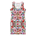 A front-facing product shot of the "Floral Maze" sleeveless bodycon dress. The dress features a deep scoop neck and a vibrant, symmetrical all-over print with red and pink floral motifs and black geometric patterns. It is set against a white background.