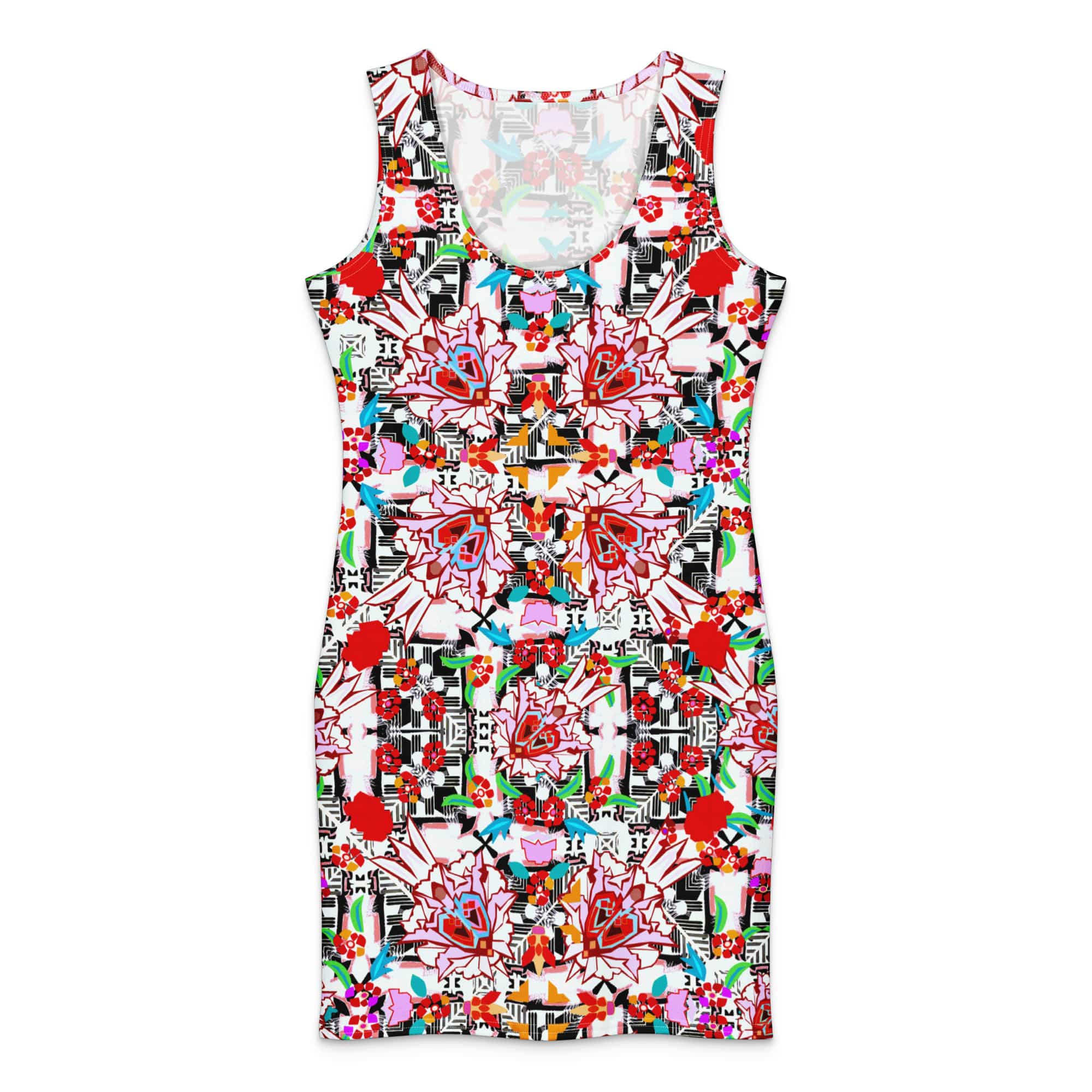 A front-facing product shot of the "Floral Maze" sleeveless bodycon dress. The dress features a deep scoop neck and a vibrant, symmetrical all-over print with red and pink floral motifs and black geometric patterns. It is set against a white background.