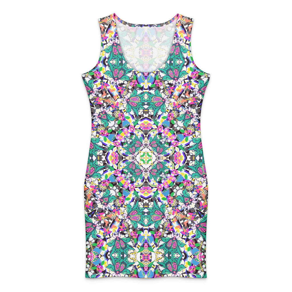The front view of a sleeveless, scoop-neck bodycon dress against a plain white background. The dress features a colorful, symmetrical all-over print with kaleidoscope and mandala motifs in shades of teal, pink, purple, yellow, and black.