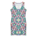 The front view of a sleeveless, scoop-neck bodycon dress against a plain white background. The dress features a colorful, symmetrical all-over print with kaleidoscope and mandala motifs in shades of teal, pink, purple, yellow, and black.