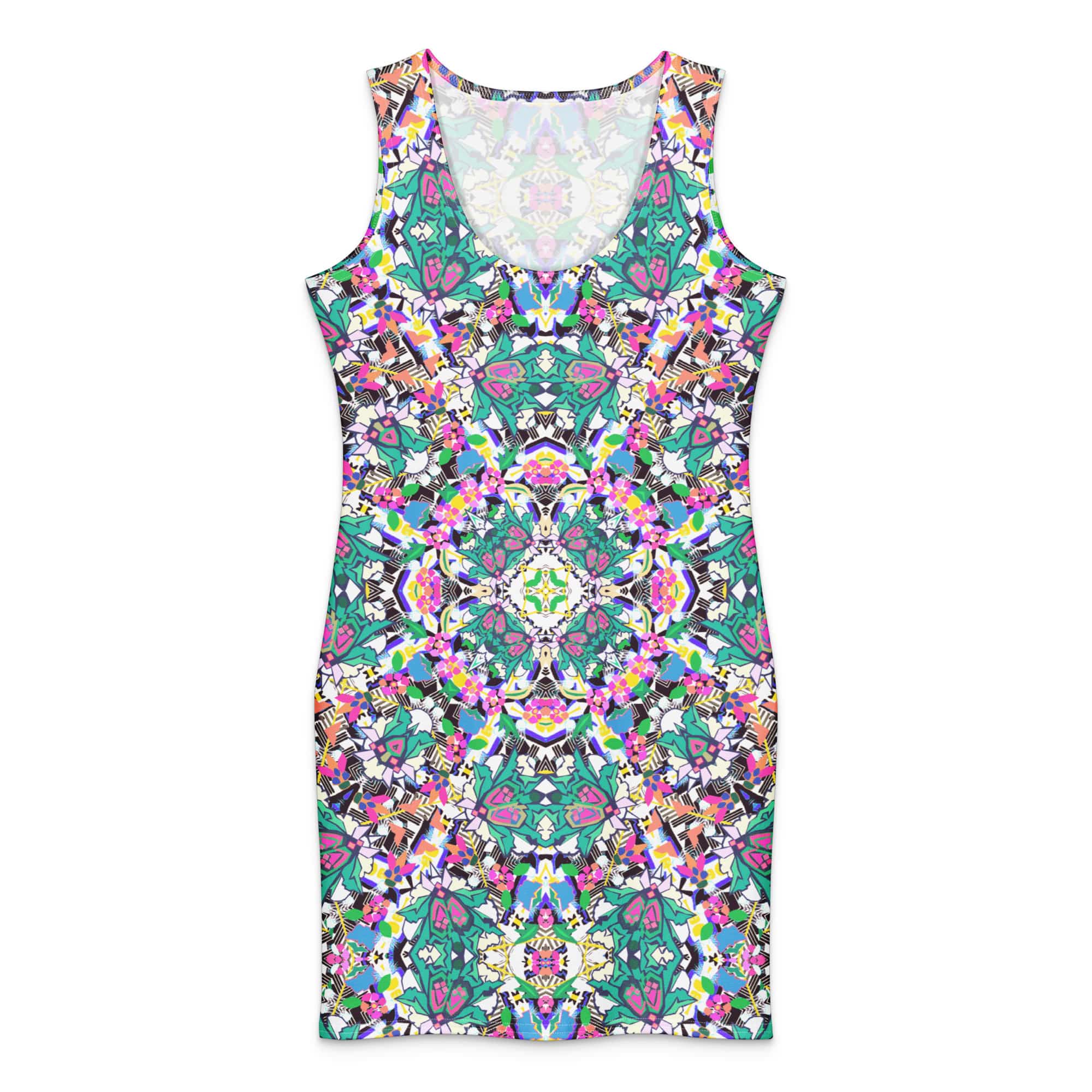 The front view of a sleeveless, scoop-neck bodycon dress against a plain white background. The dress features a colorful, symmetrical all-over print with kaleidoscope and mandala motifs in shades of teal, pink, purple, yellow, and black.