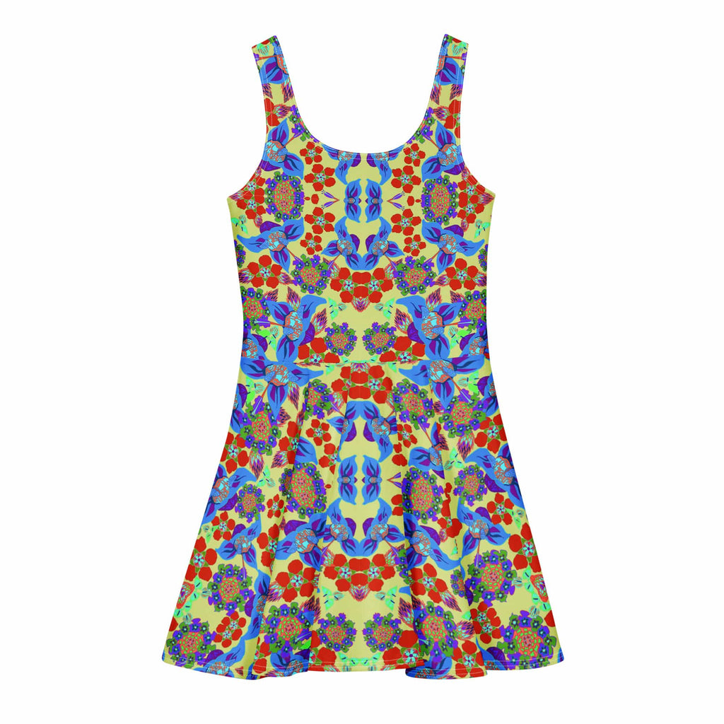Vibrant Apparel New Zealand DIRECT-TO-FABRIC Red Blue Geometric Floral Cotton Skater Dress