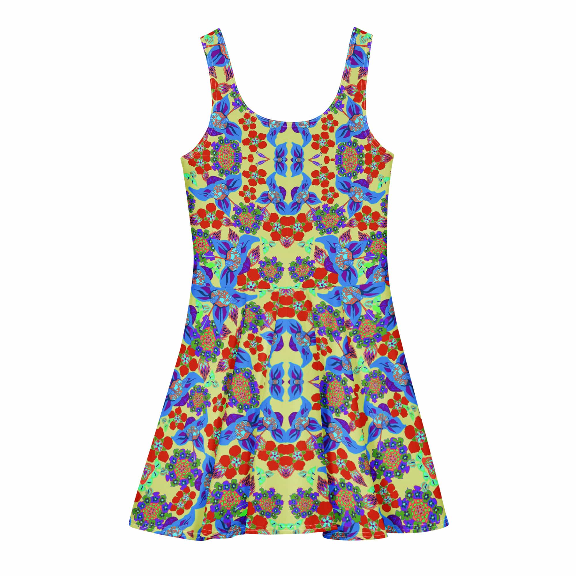 Vibrant Apparel New Zealand DIRECT-TO-FABRIC Red Blue Geometric Floral Cotton Skater Dress
