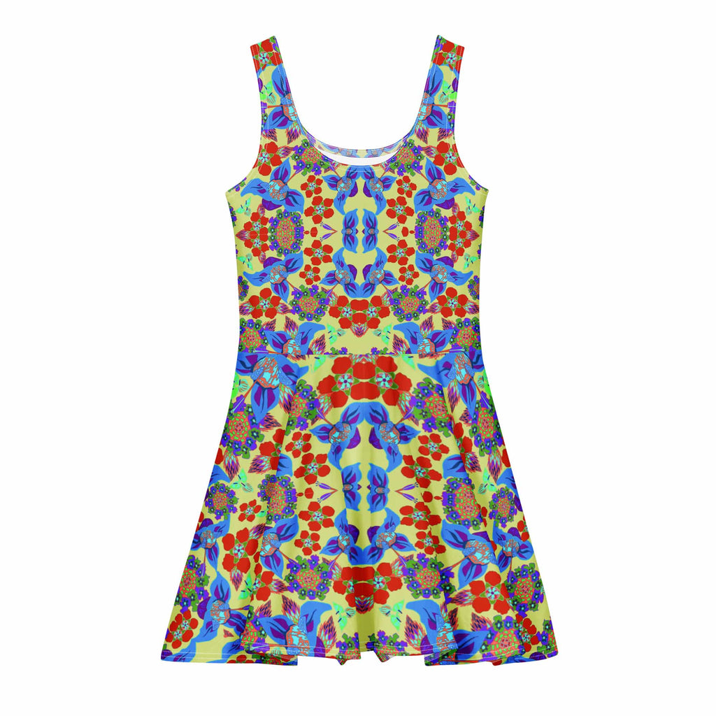 Vibrant Apparel New Zealand DIRECT-TO-FABRIC XS Red Blue Geometric Floral Cotton Skater Dress