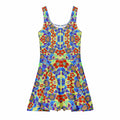 Vibrant Apparel New Zealand DIRECT-TO-FABRIC XS Red Blue Geometric Floral Cotton Skater Dress