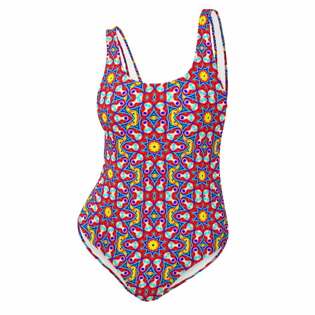 Vibrant Apparel New Zealand CUT-SEW XS Red Yellow Floral Mosaic One-Piece Swimsuit