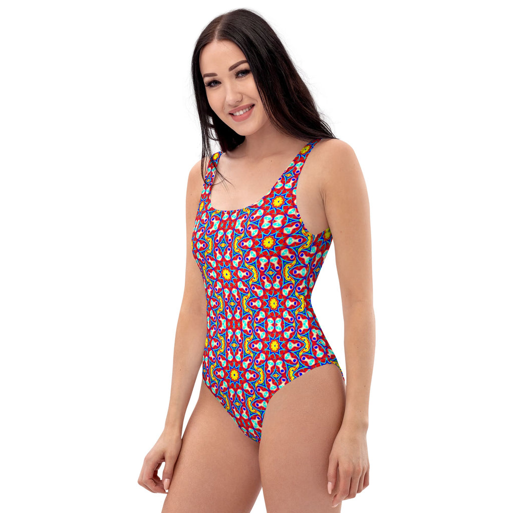 Vibrant Apparel New Zealand CUT-SEW Red Yellow Floral Mosaic One-Piece Swimsuit