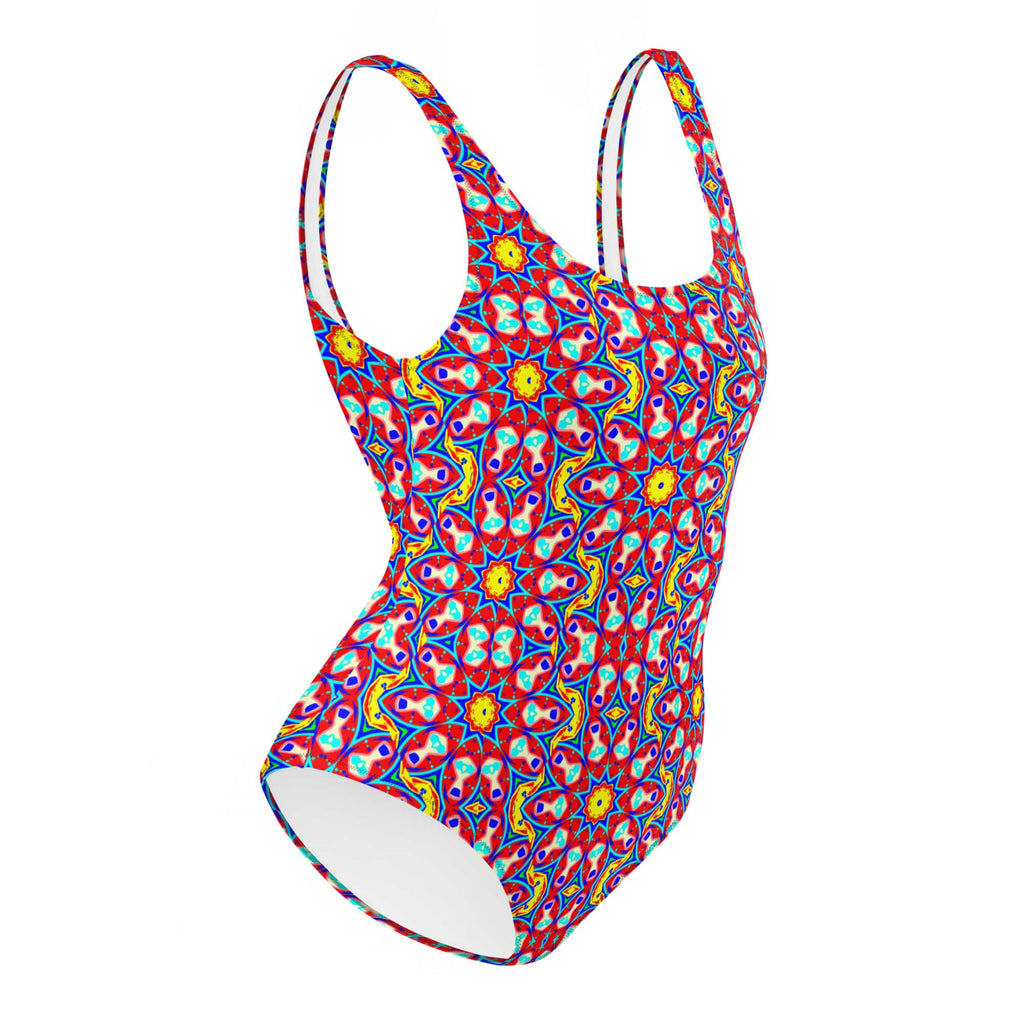 Vibrant Apparel New Zealand CUT-SEW Red Yellow Floral Mosaic One-Piece Swimsuit