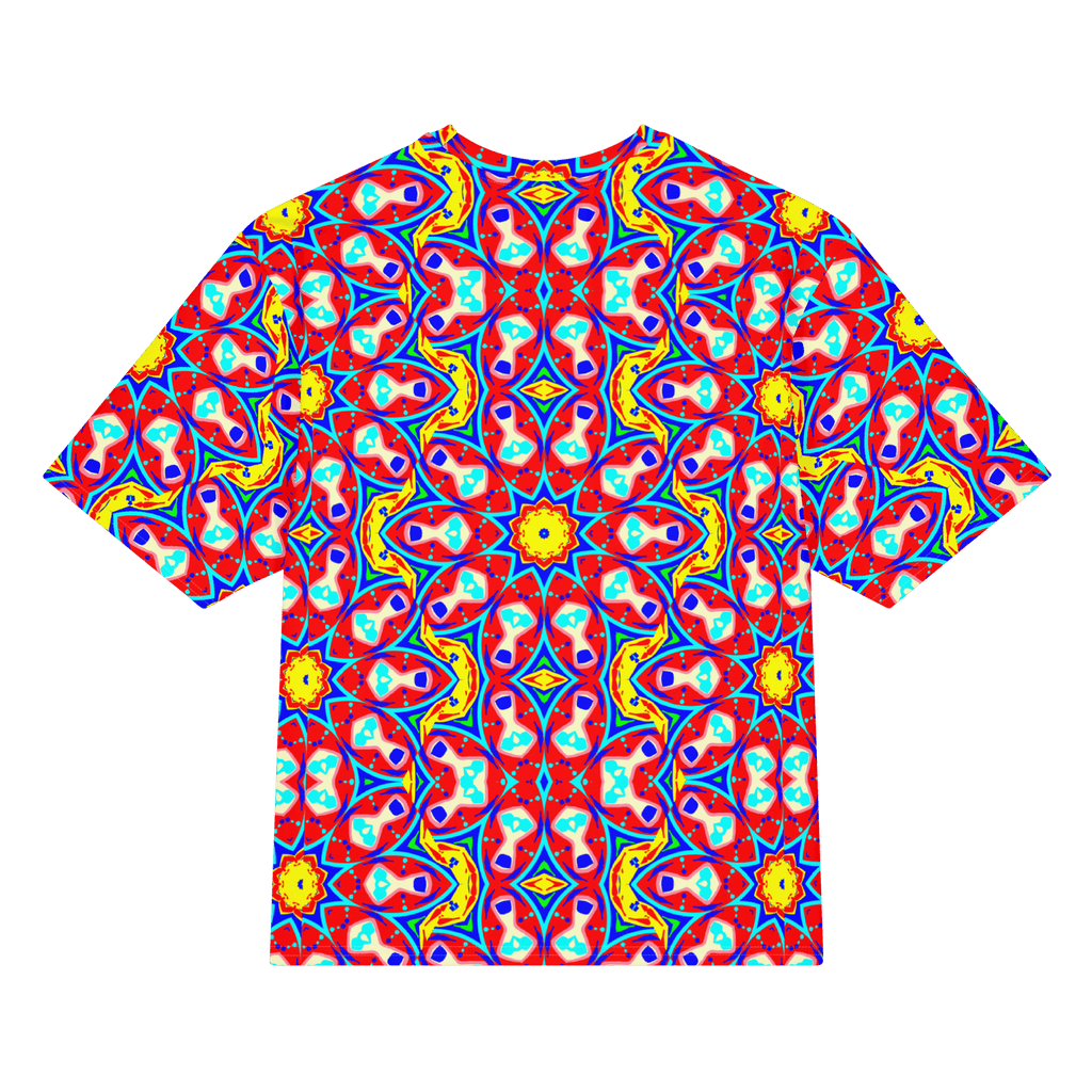 Vibrant Apparel New Zealand DIRECT-TO-FABRIC Red Yellow Kaleidoscope Oversized Heavyweight Cotton T-Shirt - Premium Structured Fit