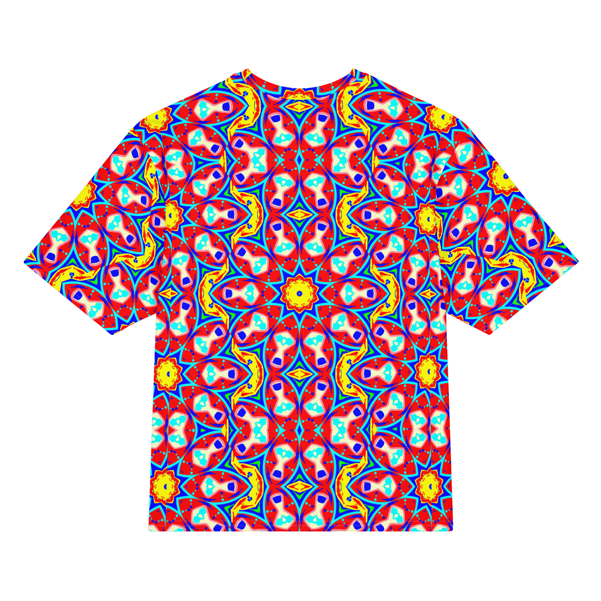 Vibrant Apparel New Zealand DIRECT-TO-FABRIC Red Yellow Kaleidoscope Oversized Heavyweight Cotton T-Shirt - Premium Structured Fit