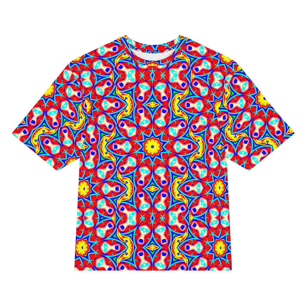 Vibrant Apparel New Zealand DIRECT-TO-FABRIC 2XS Red Yellow Kaleidoscope Oversized Heavyweight Cotton T-Shirt - Premium Structured Fit