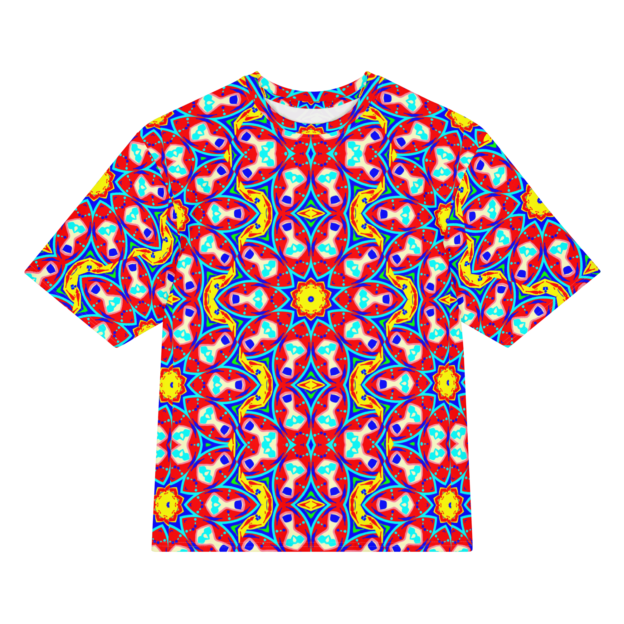 Vibrant Apparel New Zealand DIRECT-TO-FABRIC 2XS Red Yellow Kaleidoscope Oversized Heavyweight Cotton T-Shirt - Premium Structured Fit