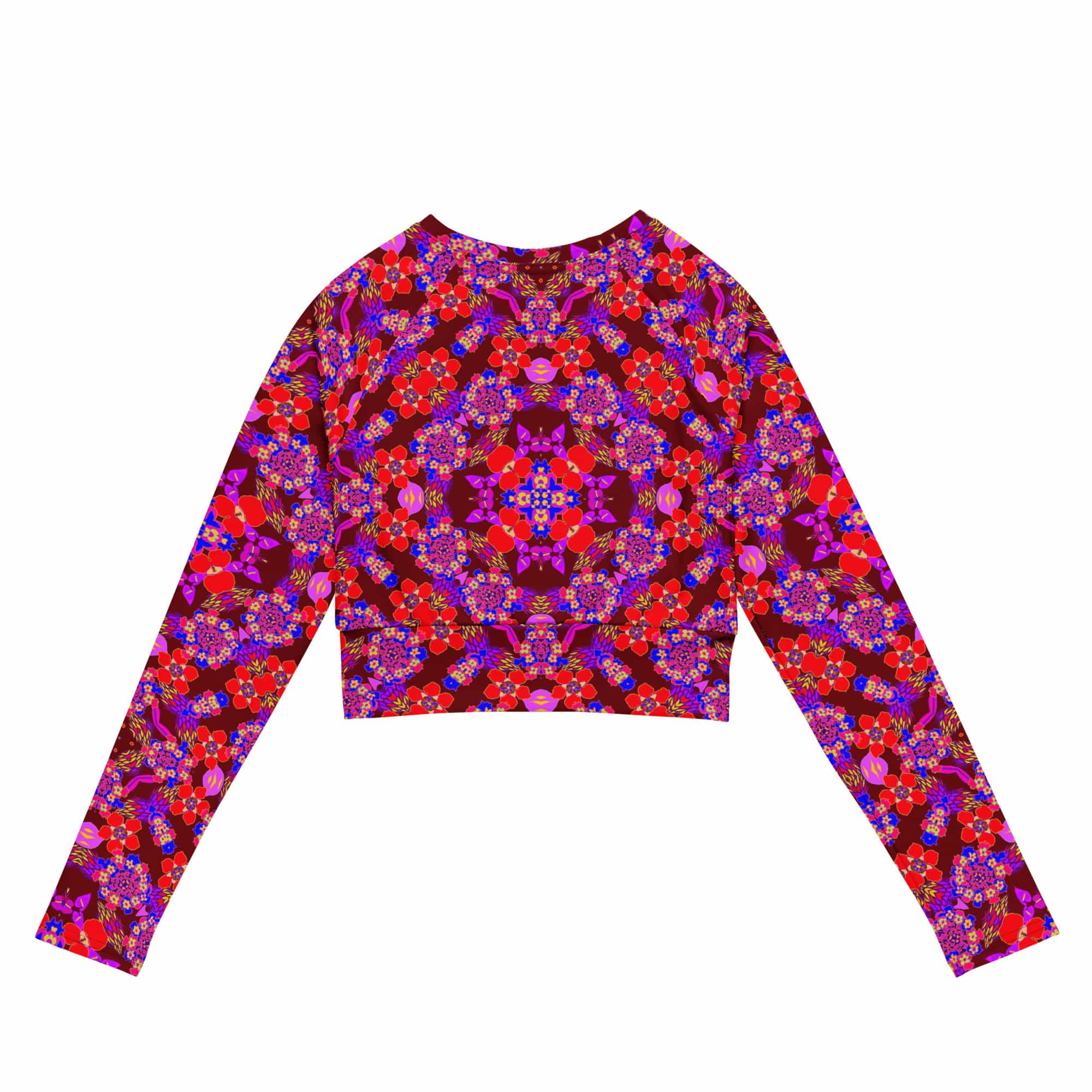 Vibrant Apparel New Zealand CUT-SEW Crimson Floral Recycled Long-Sleeve Crop Top
