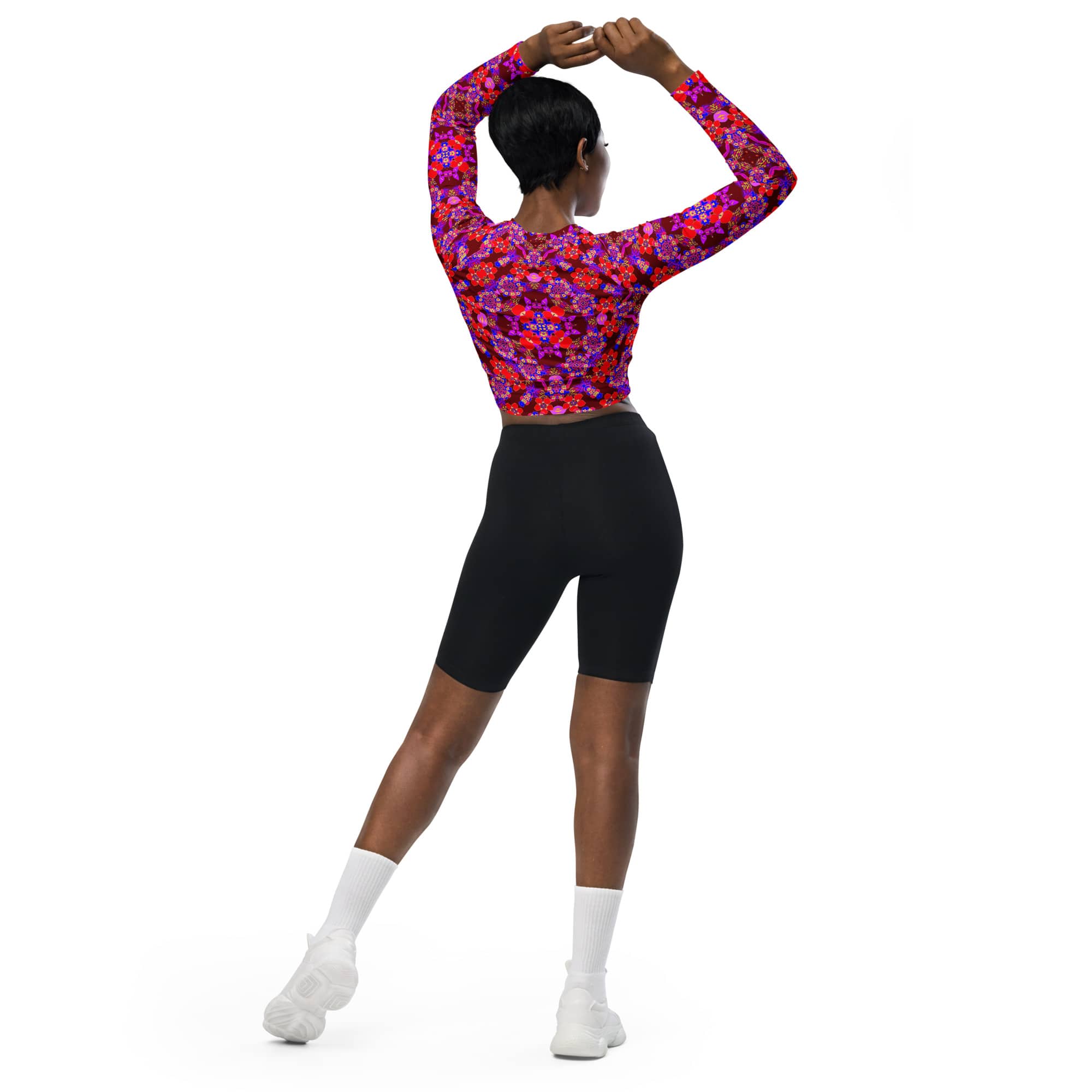 Vibrant Apparel New Zealand CUT-SEW Crimson Floral Recycled Long-Sleeve Crop Top