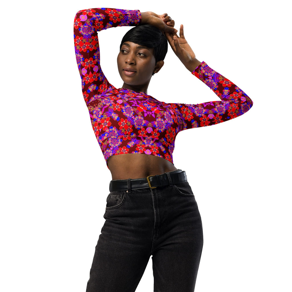 Vibrant Apparel New Zealand CUT-SEW Crimson Floral Recycled Long-Sleeve Crop Top