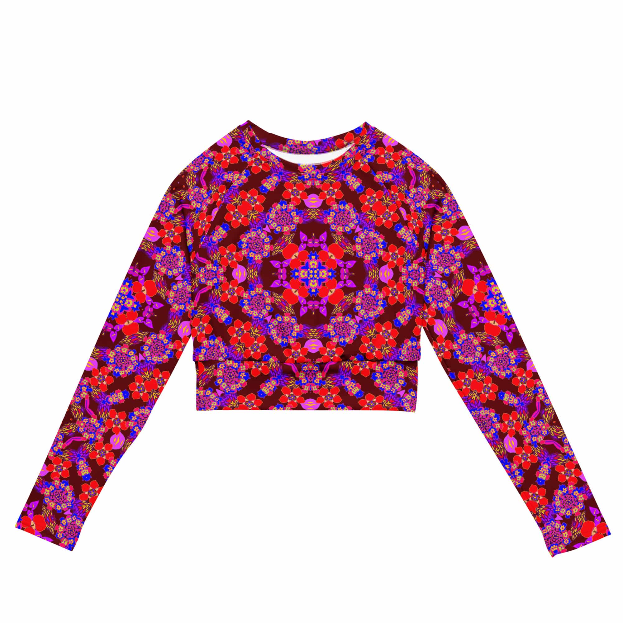 Vibrant Apparel New Zealand CUT-SEW 2XS Crimson Floral Recycled Long-Sleeve Crop Top
