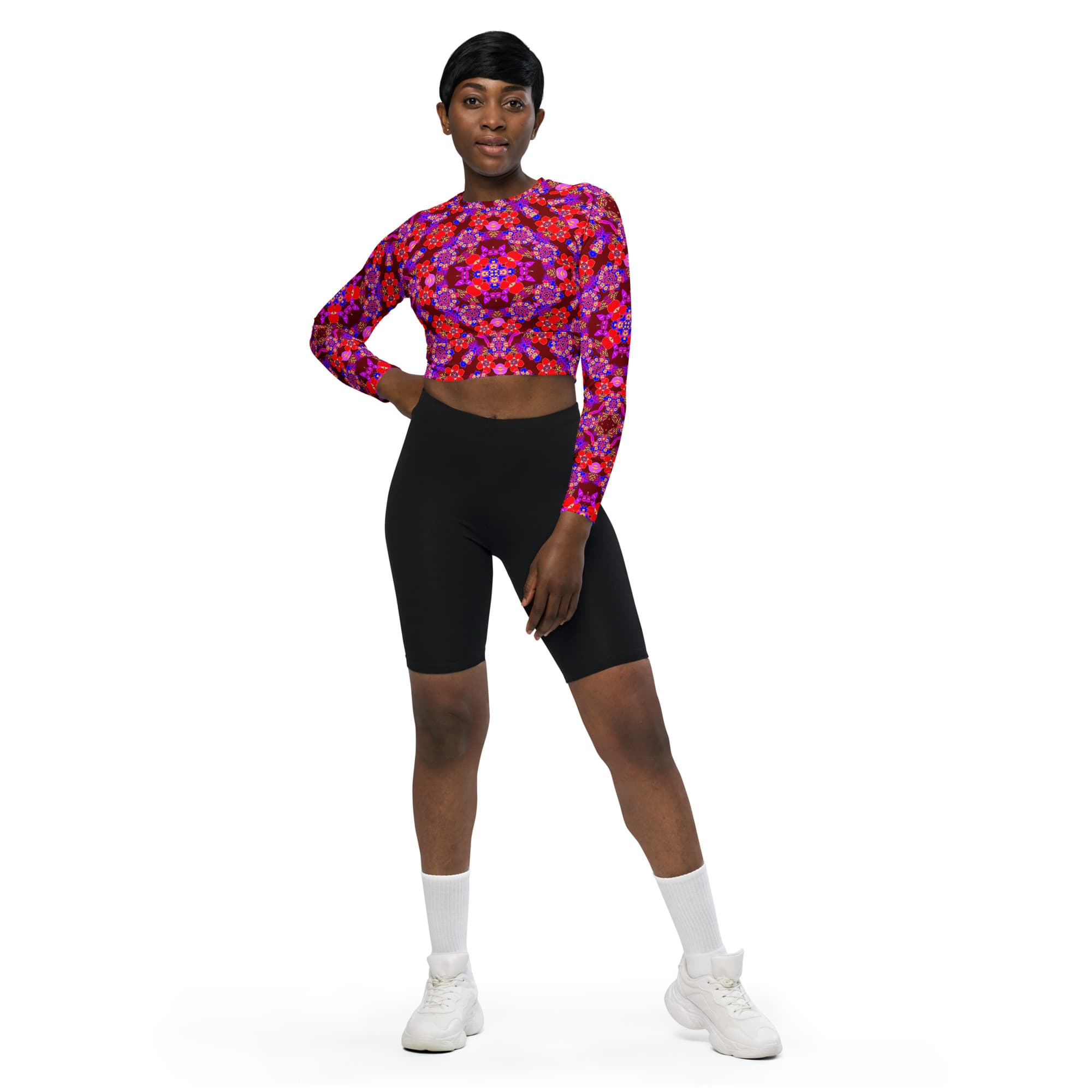 Vibrant Apparel New Zealand CUT-SEW Crimson Floral Recycled Long-Sleeve Crop Top