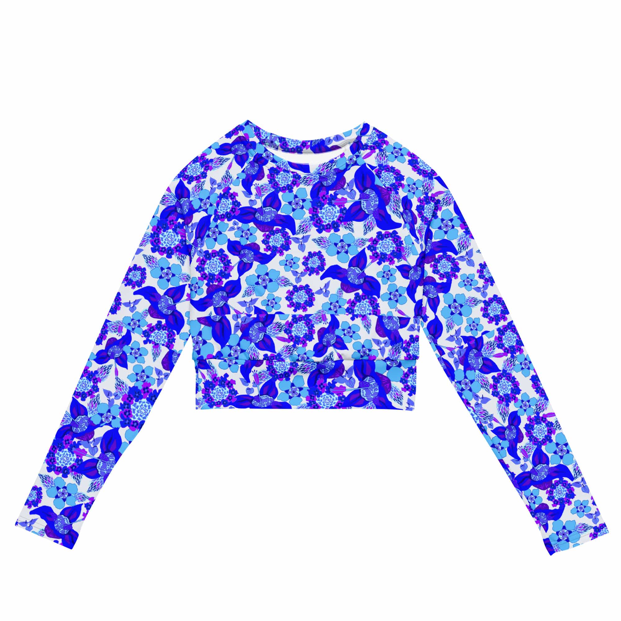 Vibrant Apparel New Zealand CUT-SEW 2XS Blue Hues Floral Recycled Long-Sleeve Crop Top