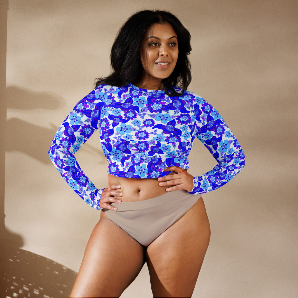 Vibrant Apparel New Zealand CUT-SEW Blue Hues Floral Recycled Long-Sleeve Crop Top