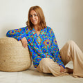 Vibrant Apparel New Zealand CUT-SEW XS Neon Blue Floral Silky Pajama Top | Relaxed Fit & Elegant Piping