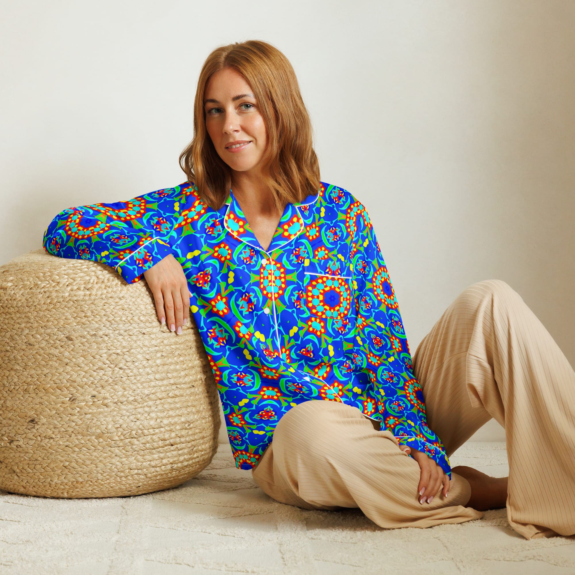 Vibrant Apparel New Zealand CUT-SEW XS Neon Blue Floral Silky Pajama Top | Relaxed Fit & Elegant Piping