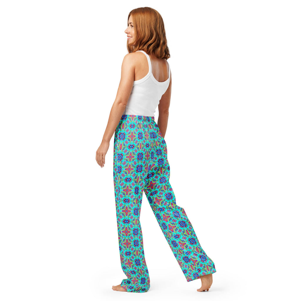 Vibrant Apparel New Zealand CUT-SEW Pink Floral on Turquoise Women's Silky Pajama Pants