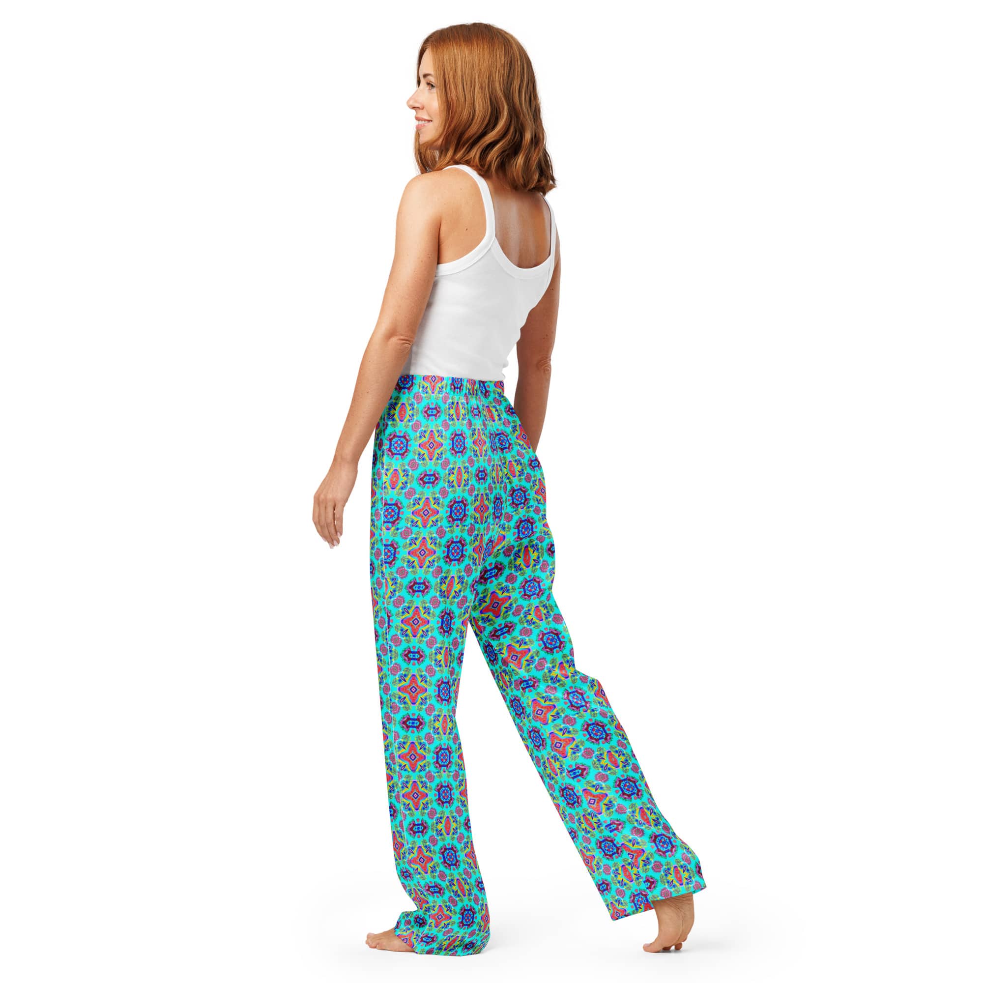Vibrant Apparel New Zealand CUT-SEW Pink Floral on Turquoise Women's Silky Pajama Pants