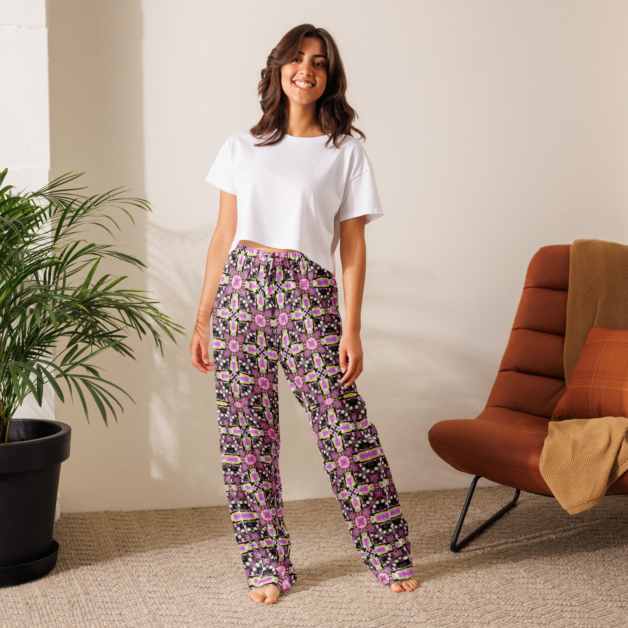 Vibrant Apparel New Zealand CUT-SEW Neon Pink Floral Cross Women's Silky Pajama Pants