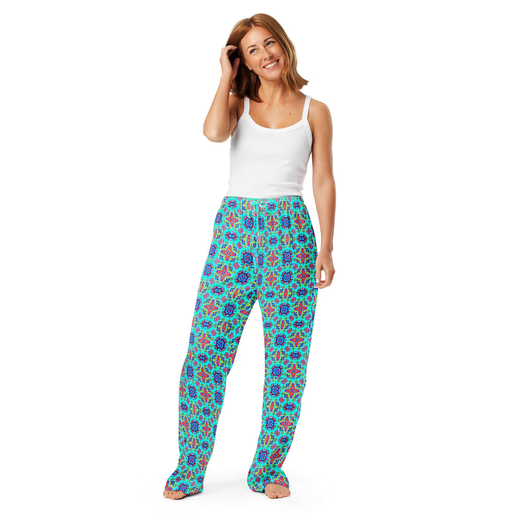 Vibrant Apparel New Zealand CUT-SEW Pink Floral on Turquoise Women's Silky Pajama Pants