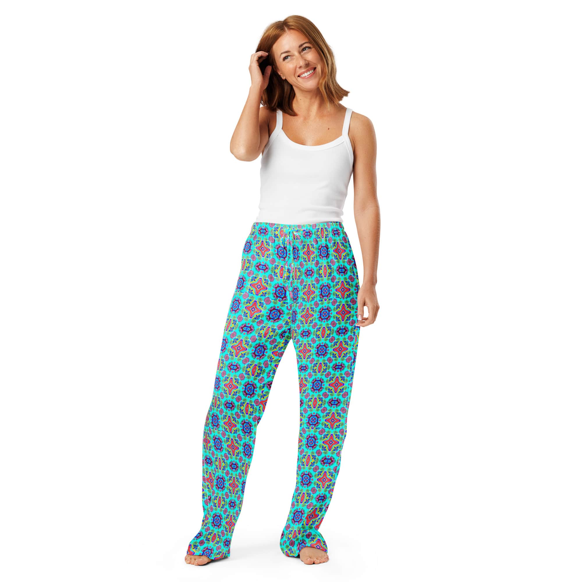 Vibrant Apparel New Zealand CUT-SEW Pink Floral on Turquoise Women's Silky Pajama Pants