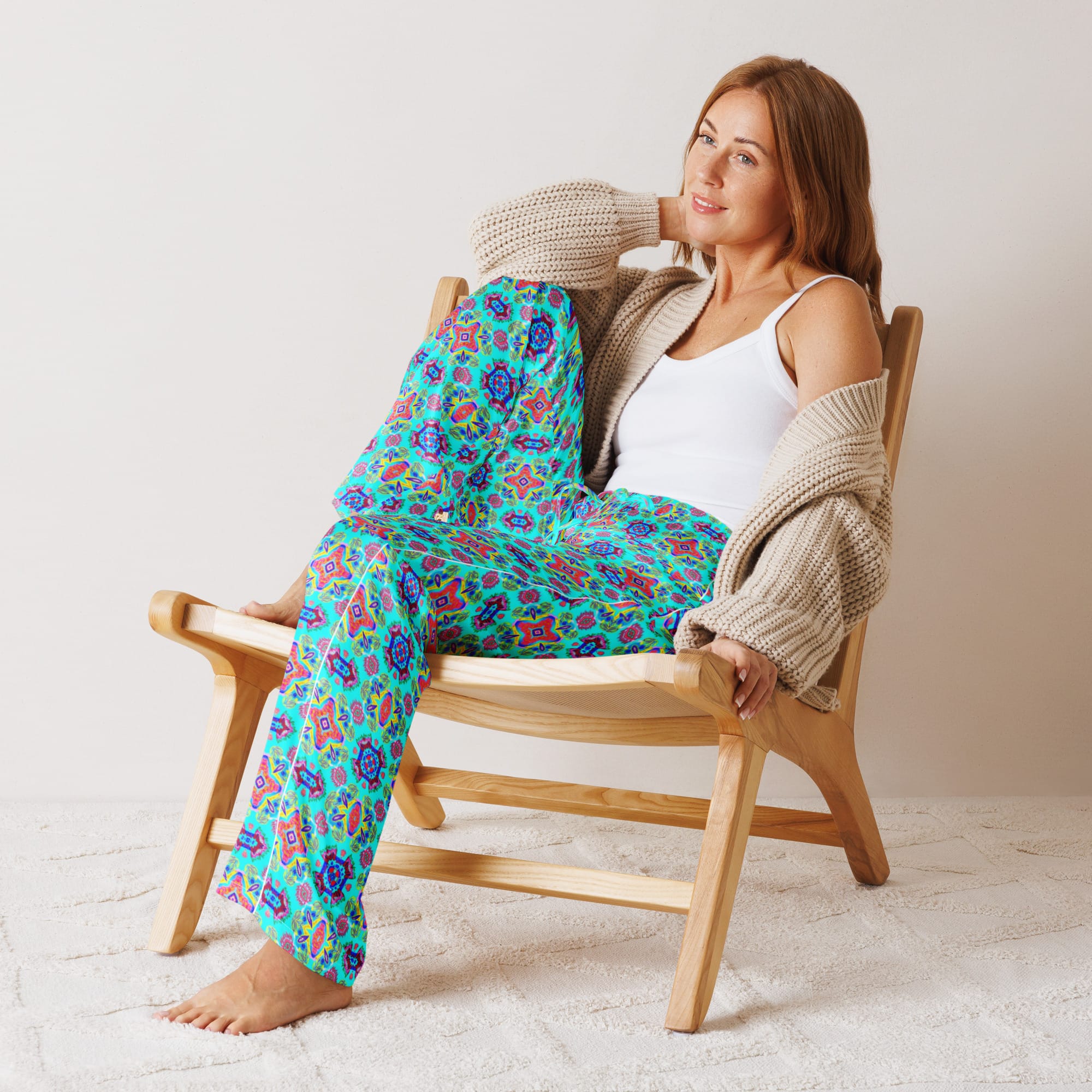 Vibrant Apparel New Zealand CUT-SEW Pink Floral on Turquoise Women's Silky Pajama Pants