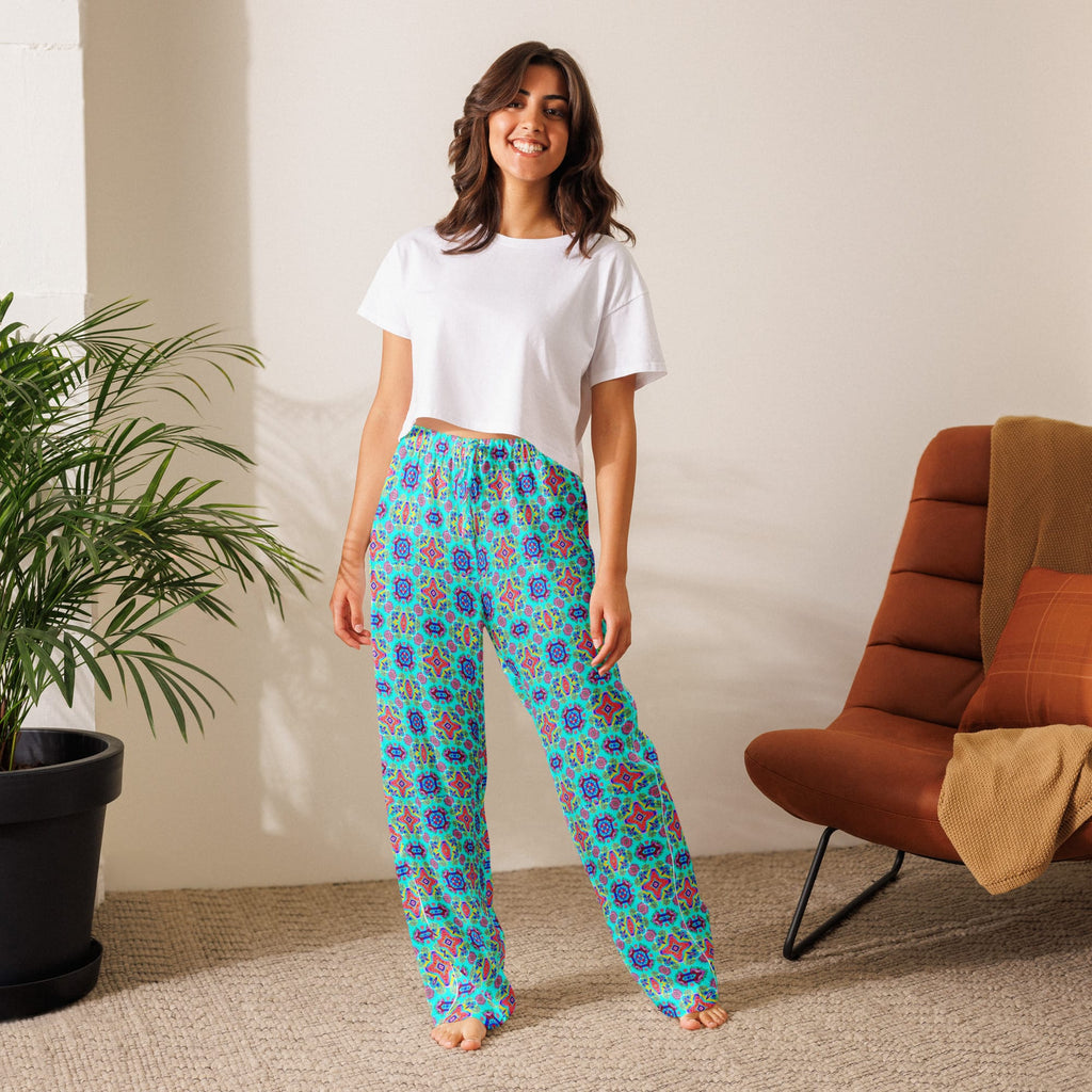 Vibrant Apparel New Zealand CUT-SEW Pink Floral on Turquoise Women's Silky Pajama Pants