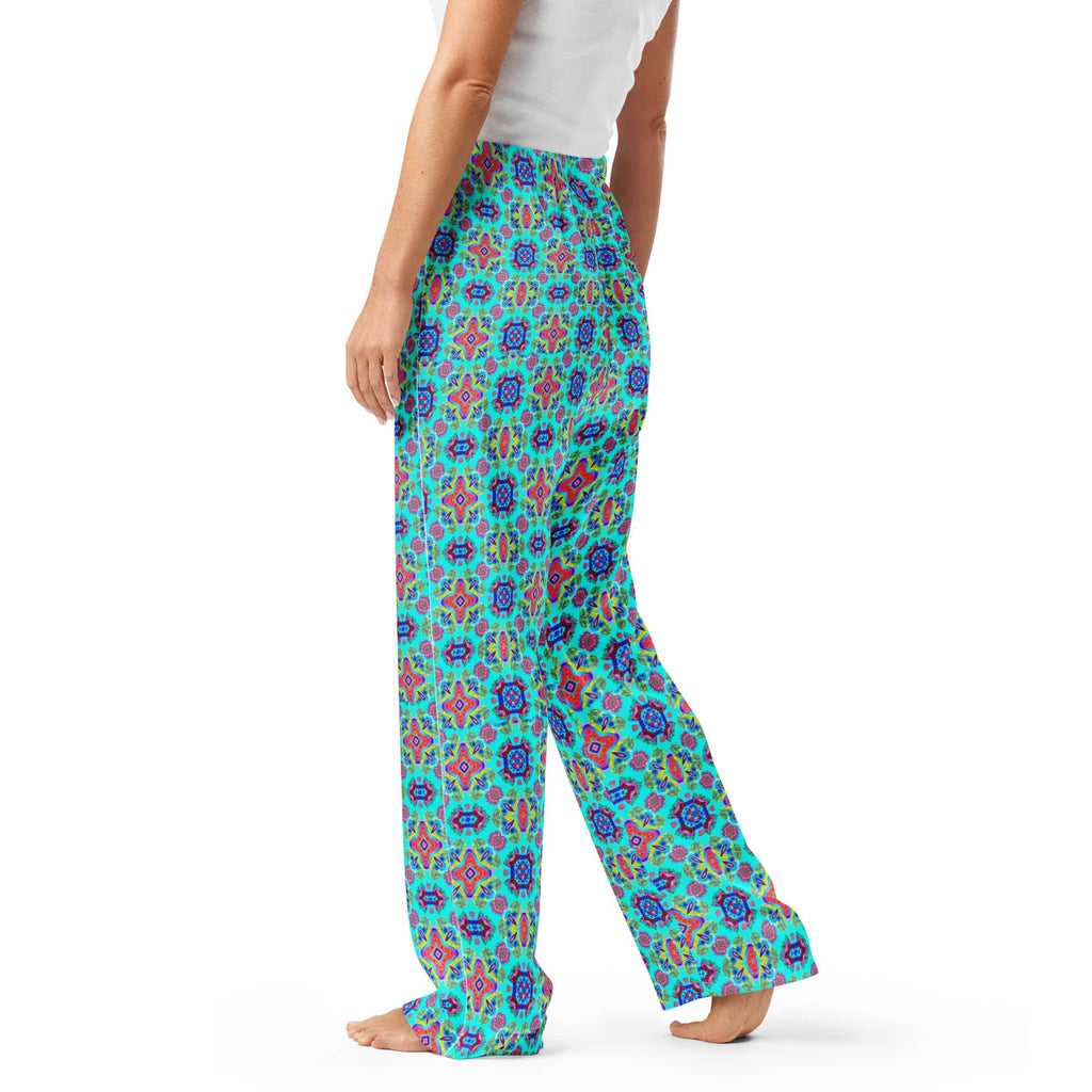 Vibrant Apparel New Zealand CUT-SEW Pink Floral on Turquoise Women's Silky Pajama Pants
