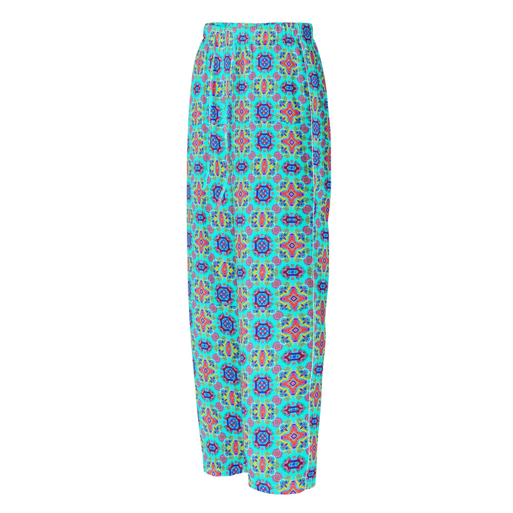 Vibrant Apparel New Zealand CUT-SEW Pink Floral on Turquoise Women's Silky Pajama Pants
