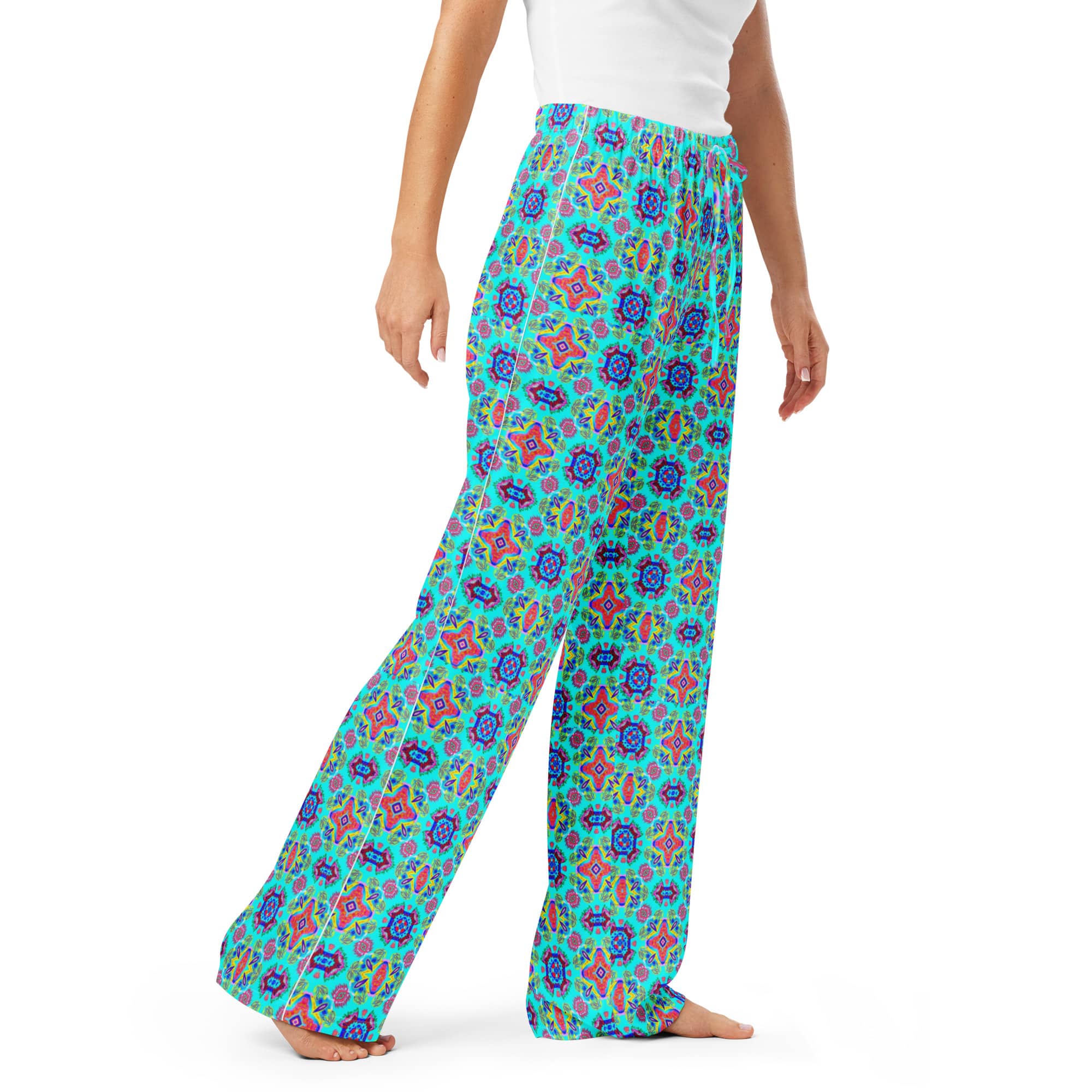 Vibrant Apparel New Zealand CUT-SEW Pink Floral on Turquoise Women's Silky Pajama Pants