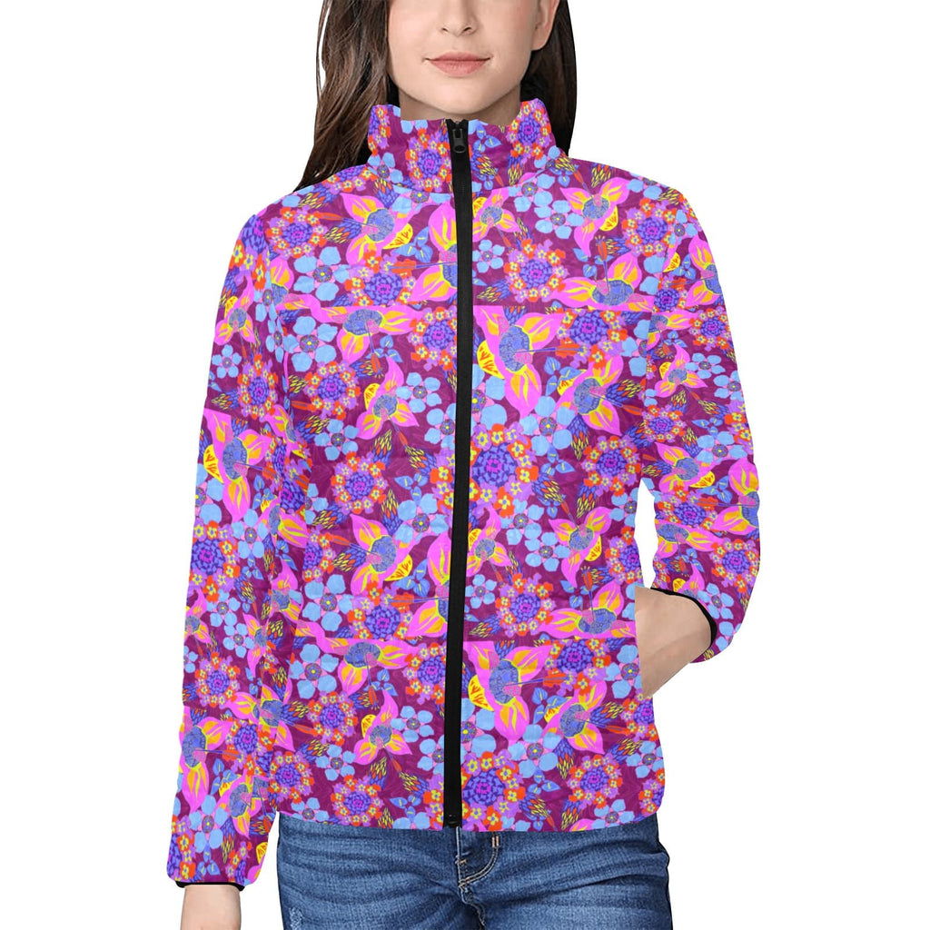 Artsadd Women's Stand Collar Padded Jacket (H41) XS Women’s Retro Floral Puffer Jacket – Vibrant Purple & Neon Pink
