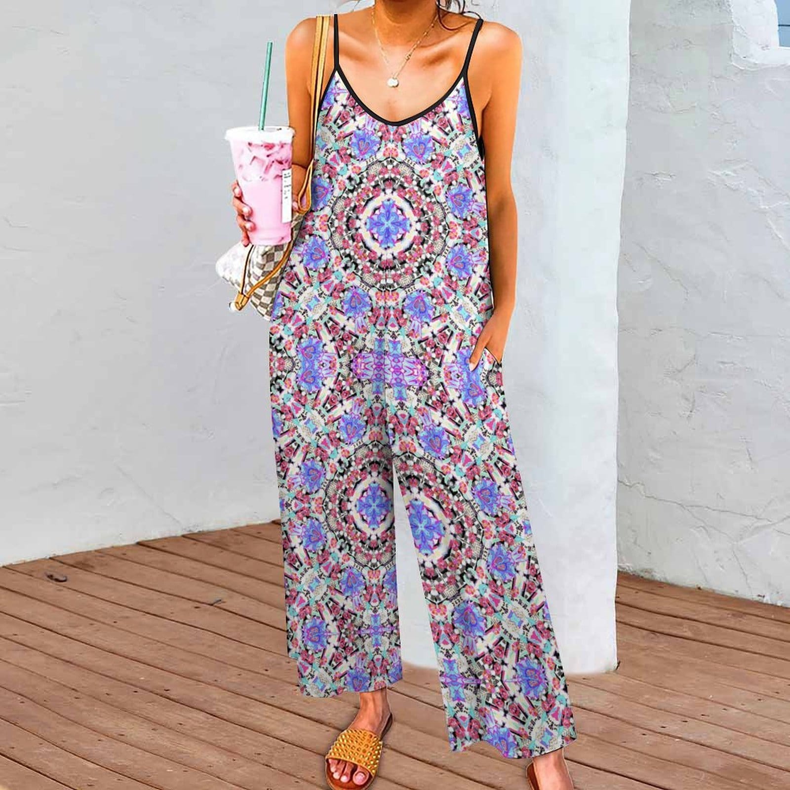 Artsadd Mandala Geometric Purple Print Jumpsuit - Spaghetti Strap Wide-Leg Overalls