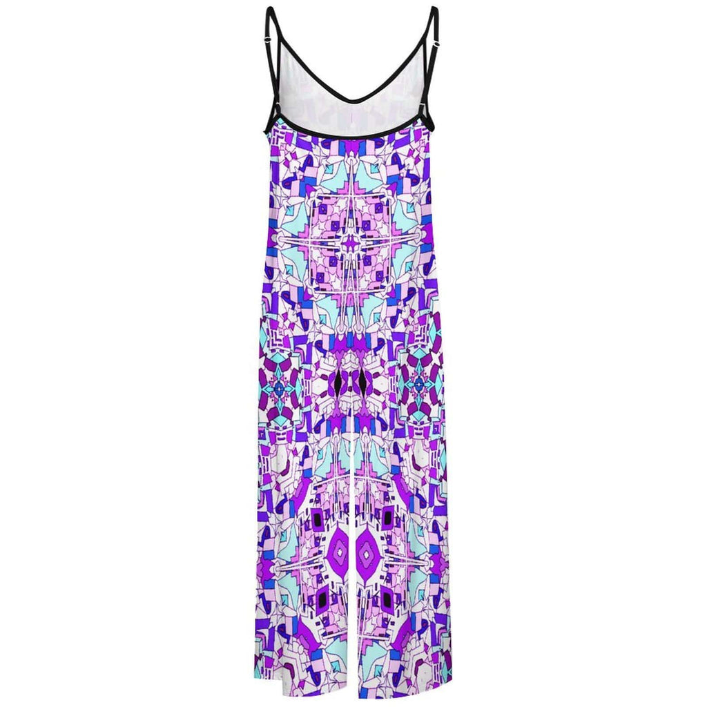 Product studio shot of the back of a wide-leg camisole Abstract Purple Pink Geometric Wide-Leg jumpsuit showcasing a low scoop-back cut, thin black straps, and a continuous kaleidoscopic mosaic print on a white background.